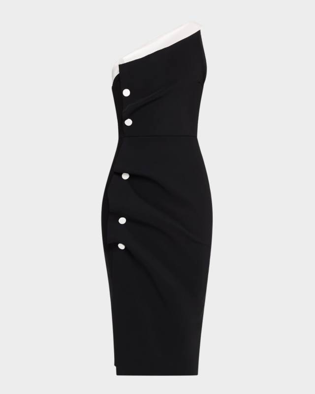 Hiroko One-Shoulder Contrast Button Midi Dress